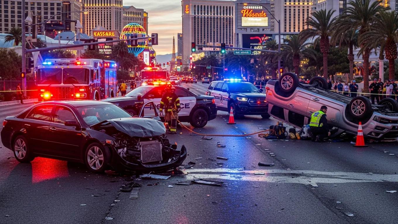 Car accident scene in Las Vegas with damaged vehicles and emergency responders