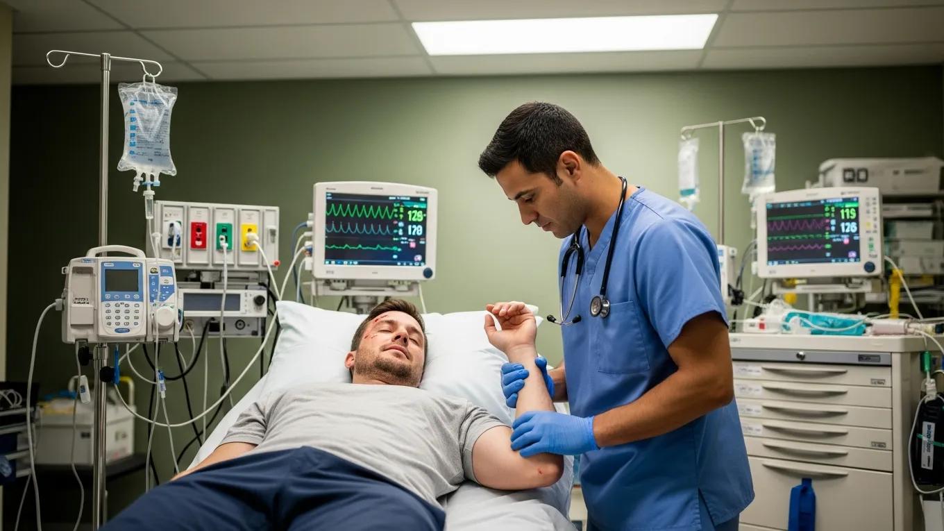 Healthcare professional examining a patient after a car accident in a medical facility