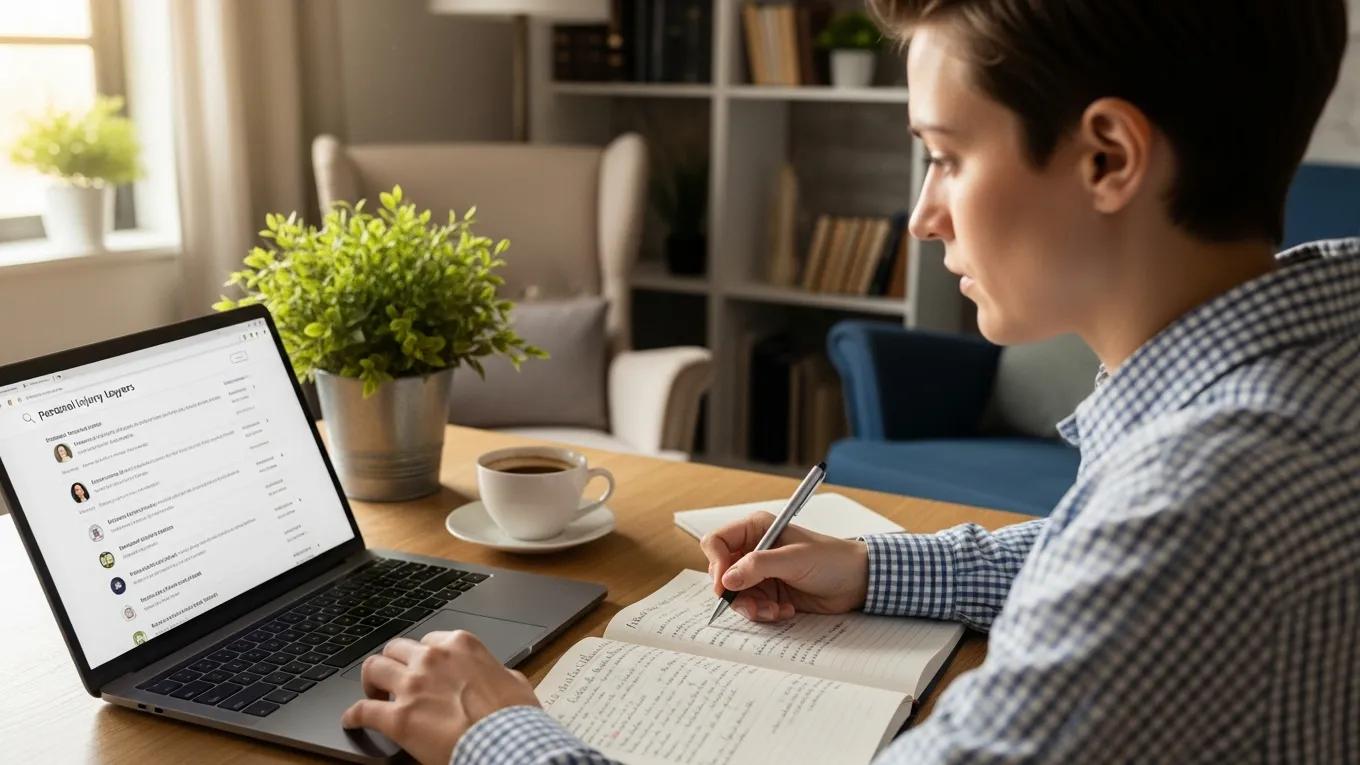 Individual researching personal injury lawyers in a cozy home office setting