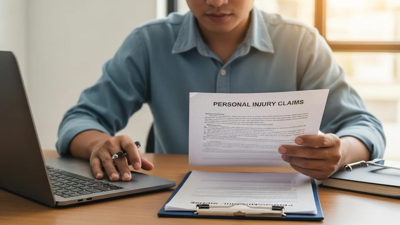 Individual reviewing personal injury legal documents in a warm, inviting office setting