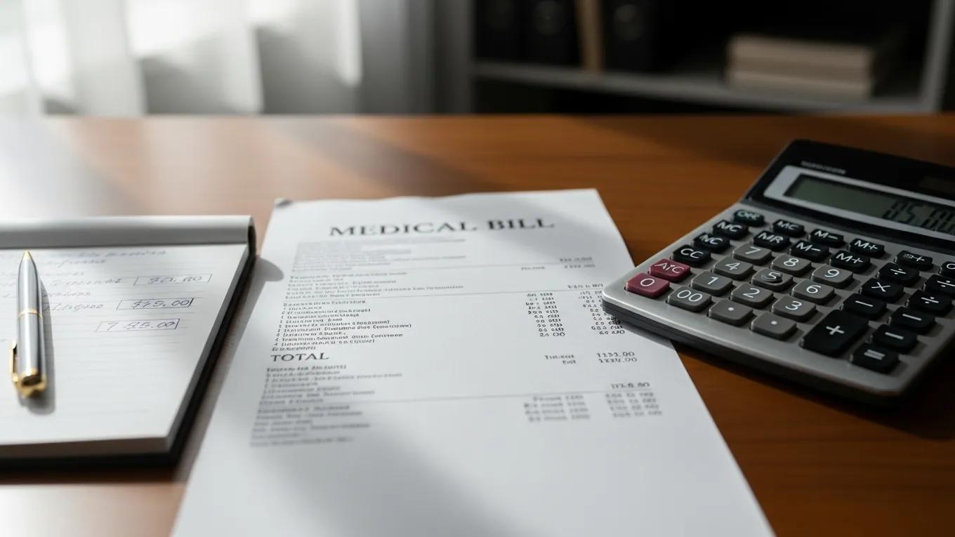 Medical bill and calculator representing expenses in personal injury settlements
