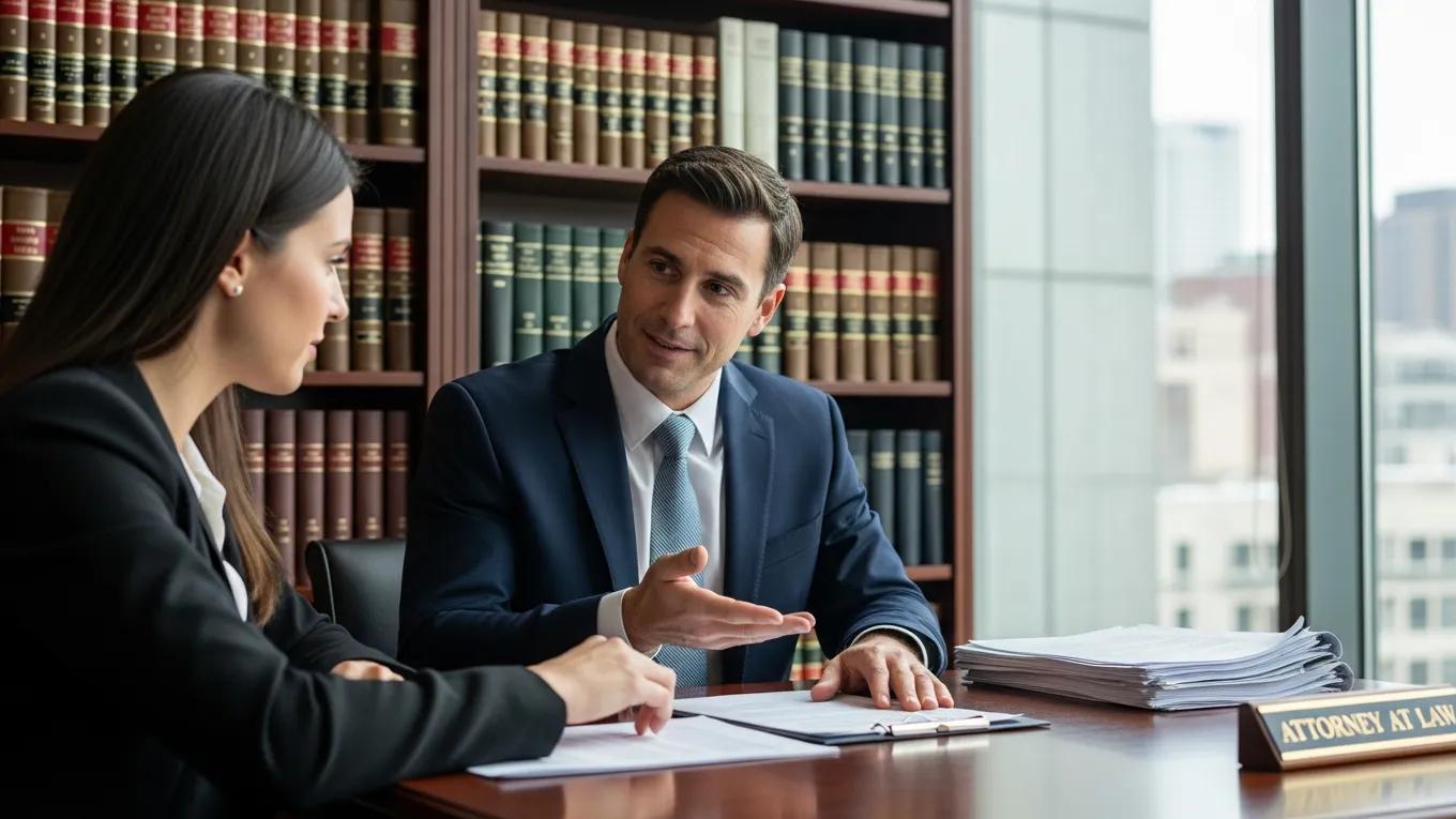Personal injury lawyer consulting with a client in a professional office environment