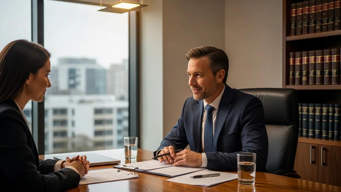 Personal injury lawyer consulting with a client in an office setting