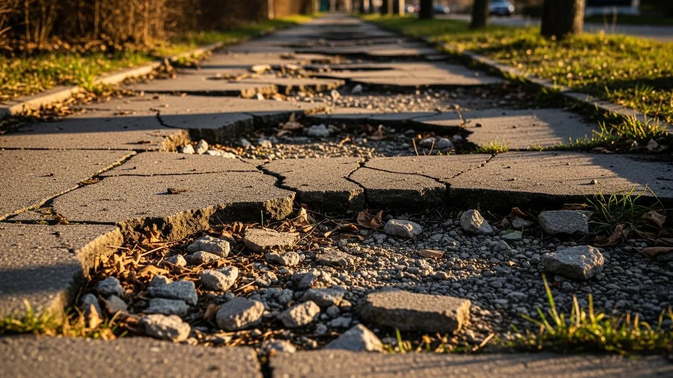 Poorly maintained walkway highlighting slip and fall hazards