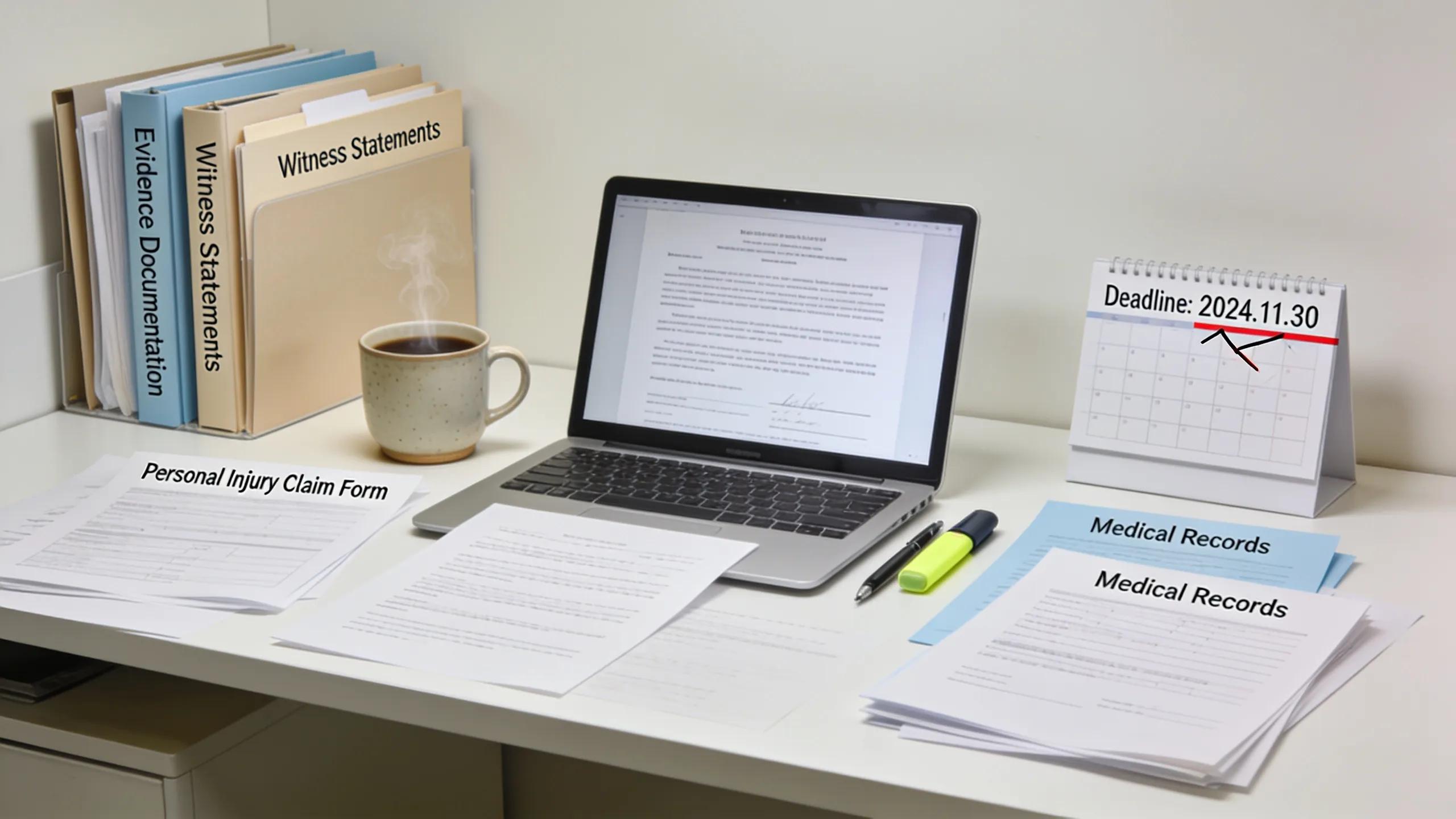 Workspace setup for filing a personal injury claim, illustrating preparation and organization