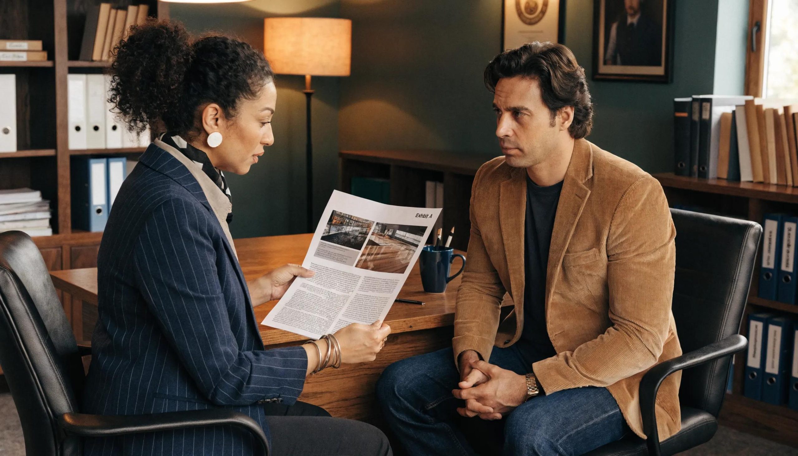 Consultation between a client and a lawyer discussing grocery store injury rights