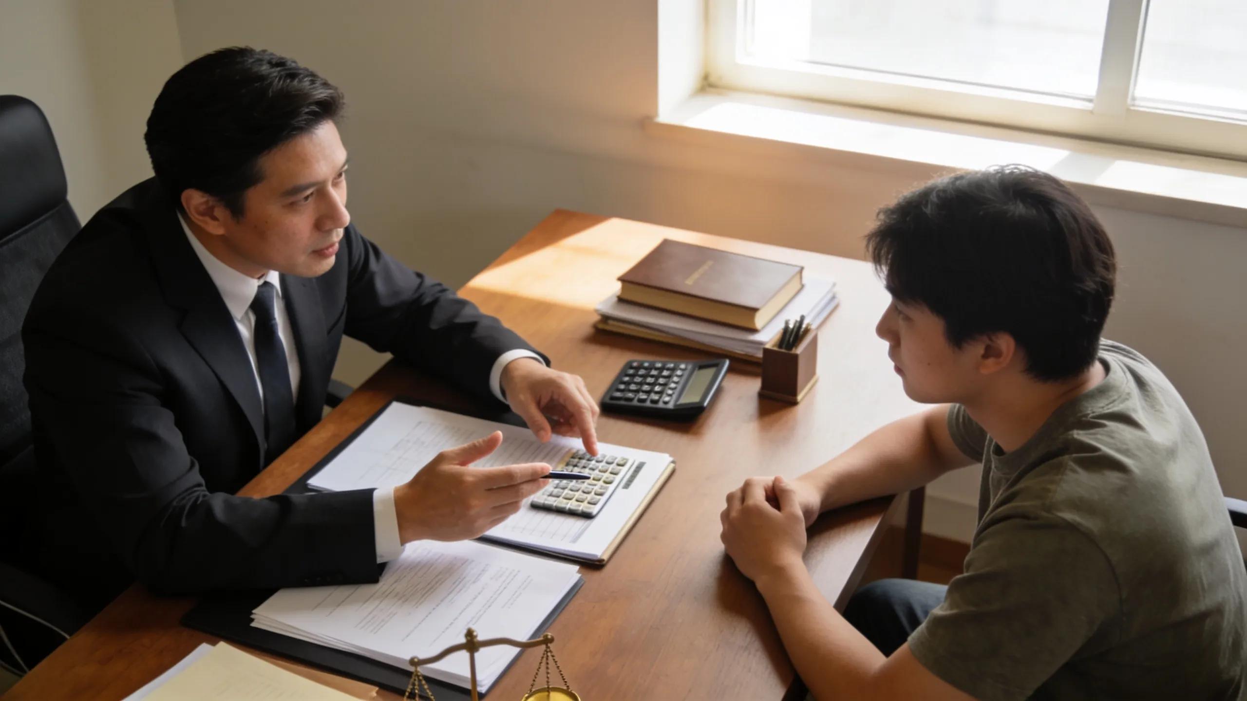 Individual consulting with a lawyer about injury claim compensation calculations in a professional setting